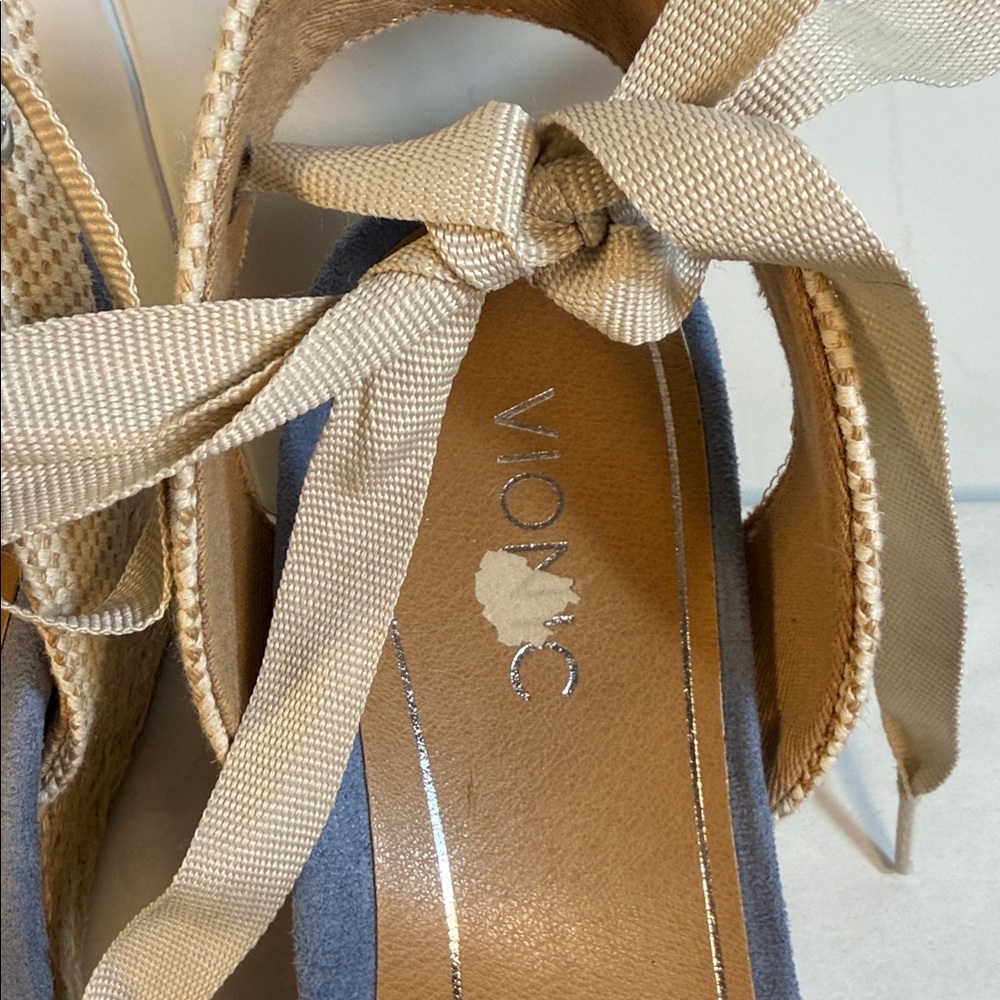 Vionic Light Blue Suede Espadrille Wedge Sandals with Tie Straps - Picture 3 of 4